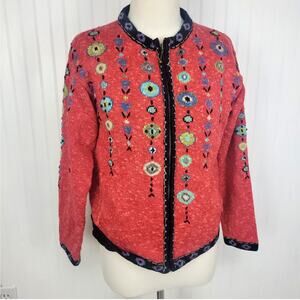 Icelandic Design Zip Up Linen Blend Floral Sweater Jacket Size Small